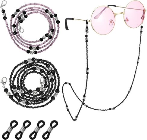 2pcs Beaded Eyeglass Chain for Women, Stylish Glasses Lanyard, Sunglass Strap & Eyeglass Strap, Fashionable Eye Glass Chains, Glasses Chain Necklace Holders Around Neck(Black, Purple) in Kuwait