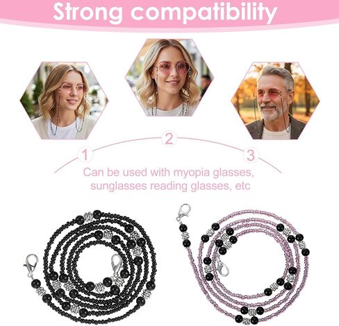 2pcs Beaded Eyeglass Chain for Women, Stylish Glasses Lanyard, Sunglass Strap & Eyeglass Strap, Fashionable Eye Glass Chains, Glasses Chain Necklace Holders Around Neck(Black, Purple) in Kuwait