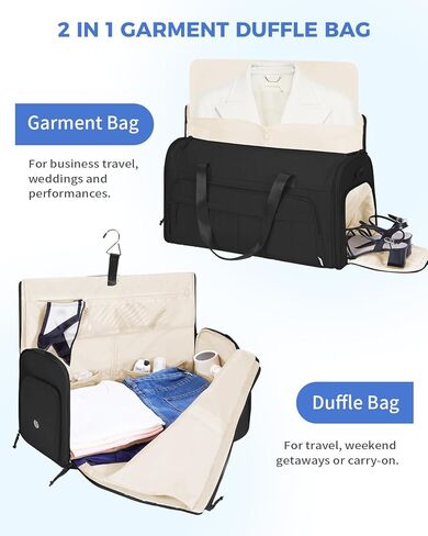 WANDF Convertible Garment Bags for Travel with Wet Pocket Carry on Garment Duffle Bag 2 in 1 Puffy Hanging Clothes Travel Bags with Shoe Compartment for Airplanes Business Weekend Gym Wedding (Black) in Saudi Arabia