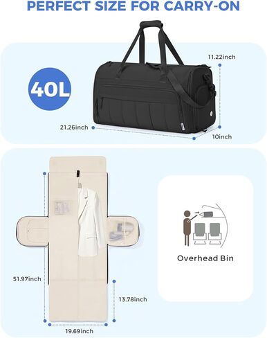WANDF Convertible Garment Bags for Travel with Wet Pocket Carry on Garment Duffle Bag 2 in 1 Puffy Hanging Clothes Travel Bags with Shoe Compartment for Airplanes Business Weekend Gym Wedding (Black) in Saudi Arabia