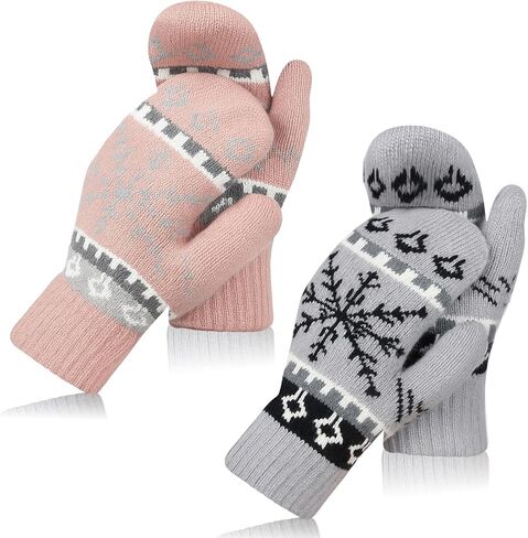 2 Pairs Winter Knitted Gloves Mittens for Women Snowflakes Warm Lining Fleece Mittens Gift for Valentine in Saudi Arabia