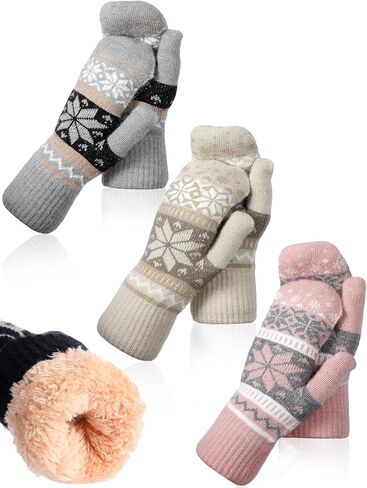 Vicenpal 3 Pairs Women Winter Mittens Snowflake Mitten Fleece Lining Cozy Wool Glove Cold Weather Thick Warm Knitted in Saudi Arabia