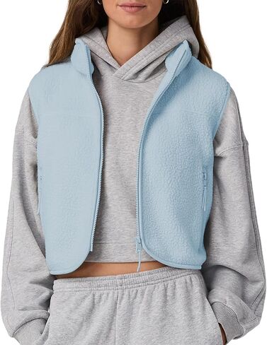 Cropped Fleece Vest Women Zip Up Stand Collar Warm Sherpa Vest Fall Cute Sleeveless Fleece Waistcoat with Pocket in Saudi Arabia