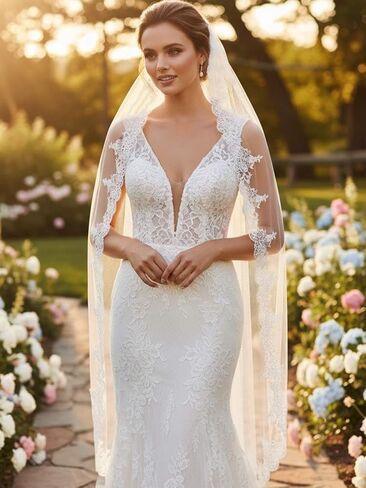 Aukmla Bride Wedding Veil Long Lace Bridal Veils 1 Tier Tulle Hair Accessories with Comb in Saudi Arabia