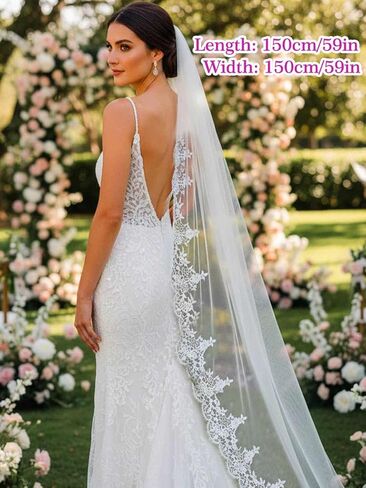 Aukmla Bride Wedding Veil Long Lace Bridal Veils 1 Tier Tulle Hair Accessories with Comb in Saudi Arabia