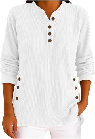 Women's Corduroy Long Sleeve Shirts Casual Button Down V Neck Henley Tops Fashion Ribbed Knit Loose Pullover Sweaters in Saudi Arabia