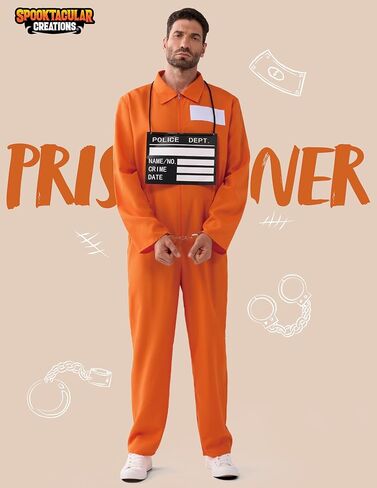Spooktacular Creations Prisoner Costume Men, Orange Jumpsuit, Jail Inmate Accessories Set, Halloween Costumes for Men 2025 in Saudi Arabia