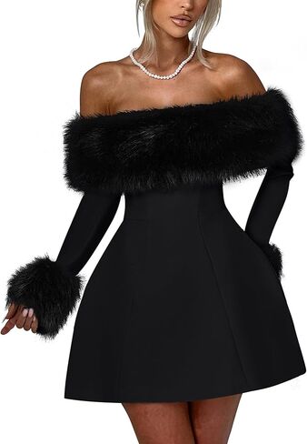 YMDUCH Women's Off Shoulder Long Sleeve Fur Trim A-Line Party Club Mini Dress in Saudi Arabia