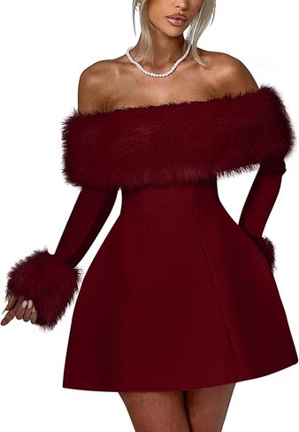 YMDUCH Women's Off Shoulder Long Sleeve Fur Trim A-Line Party Club Mini Dress in Saudi Arabia