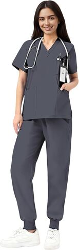 Scrubs for Women Set, V-Neck Top & Jogger Pants with 9 Pockets, Soft Stretch Nursing Uniform for Women in Saudi Arabia