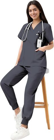Scrubs for Women Set, V-Neck Top & Jogger Pants with 9 Pockets, Soft Stretch Nursing Uniform for Women in Saudi Arabia