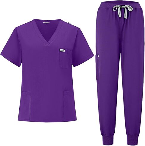 Scrubs for Women Set, V-Neck Top & Jogger Pants with 9 Pockets, Soft Stretch Nursing Uniform for Women in Saudi Arabia