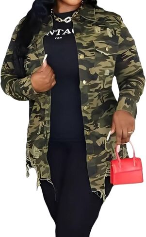 Camo Jacket for Women Long Sleeve Button Down Army Fatigue Camouflage Denim Outwear Coat with Pockets in Saudi Arabia
