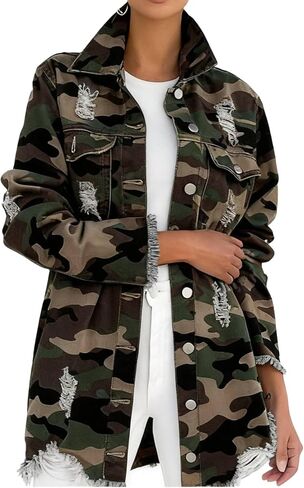 Camo Jacket for Women Long Sleeve Button Down Army Fatigue Camouflage Denim Outwear Coat with Pockets in Saudi Arabia