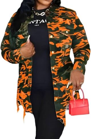 Camo Jacket for Women Long Sleeve Button Down Army Fatigue Camouflage Denim Outwear Coat with Pockets in Saudi Arabia