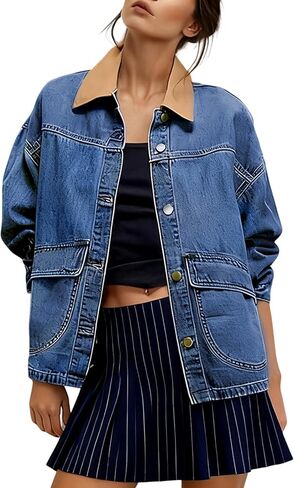 Yeokou Women Oversize Denim Shacket Jacket Retro Contrast Collar Casual Button Down Jean Coat Fall Outfit with Pockets in Kuwait