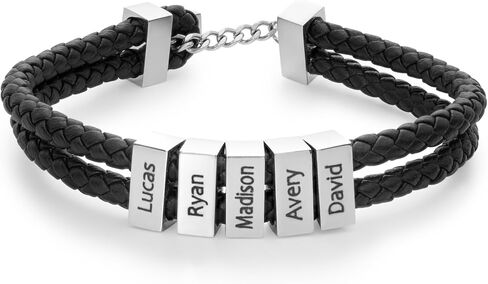 EVE'S ADDICTION Men's Engraved Black ID Bar Name Leather Bracelet - Gifts for Dad in Saudi Arabia