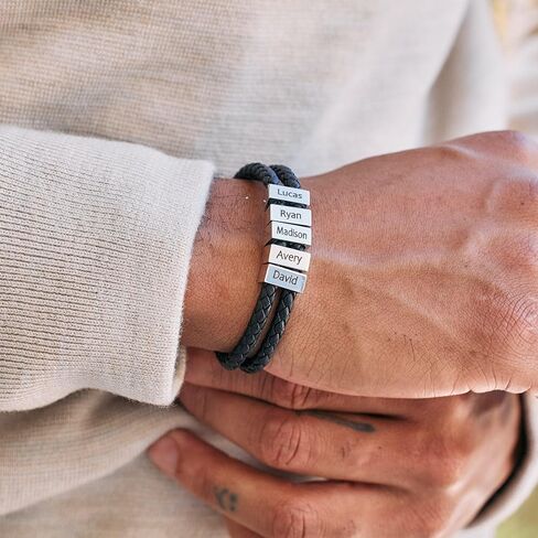 EVE'S ADDICTION Men's Engraved Black ID Bar Name Leather Bracelet - Gifts for Dad in Saudi Arabia