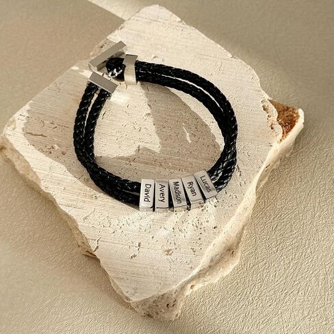 EVE'S ADDICTION Men's Engraved Black ID Bar Name Leather Bracelet - Gifts for Dad in Saudi Arabia