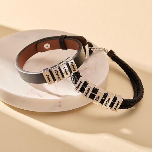 EVE'S ADDICTION Men's Engraved Black ID Bar Name Leather Bracelet - Gifts for Dad in Saudi Arabia