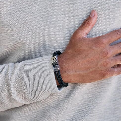 EVE'S ADDICTION Men's Engraved Black ID Bar Name Leather Bracelet - Gifts for Dad in Saudi Arabia