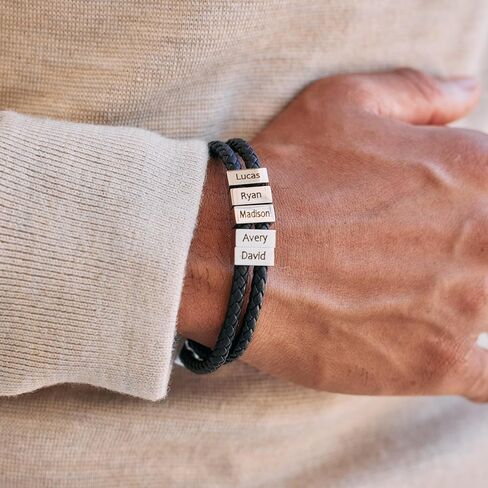 EVE'S ADDICTION Men's Engraved Black ID Bar Name Leather Bracelet - Gifts for Dad in Saudi Arabia