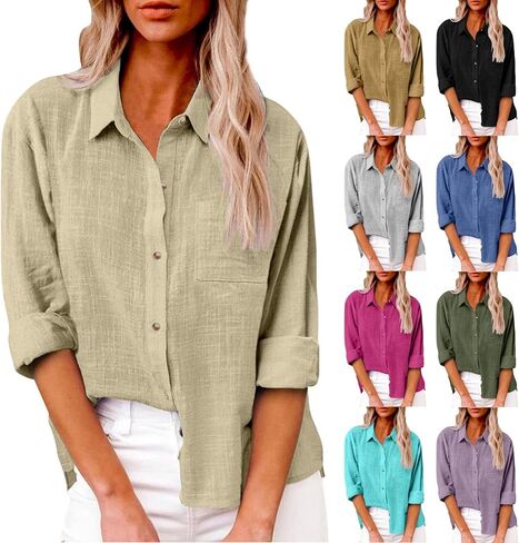 Button Down Linen Shirts for Women Plus Size Long Sleeve Cotton Blouse Loose Fit Collared Work Gauze Casual Tops in Saudi Arabia