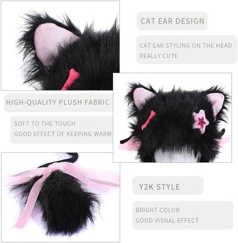 Y2K Goth Cat Ear Hat for Women Winter Cute Faux Fur Fox Cat Ear Hat Grunge Goth Accessories in Saudi Arabia