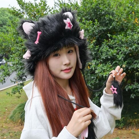 Y2K Goth Cat Ear Hat for Women Winter Cute Faux Fur Fox Cat Ear Hat Grunge Goth Accessories in Saudi Arabia