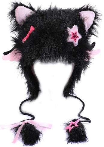 Y2K Goth Cat Ear Hat for Women Winter Cute Faux Fur Fox Cat Ear Hat Grunge Goth Accessories in Saudi Arabia