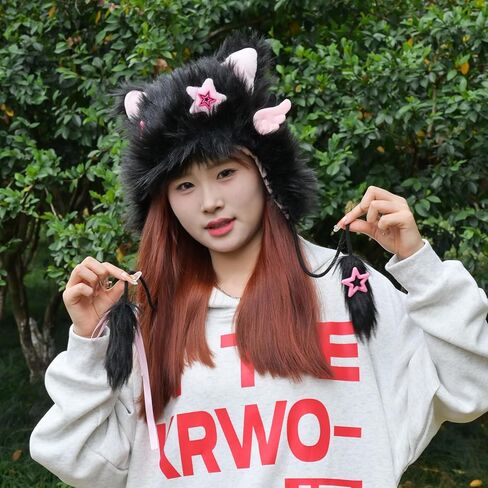 Y2K Goth Cat Ear Hat for Women Winter Cute Faux Fur Fox Cat Ear Hat Grunge Goth Accessories in Saudi Arabia