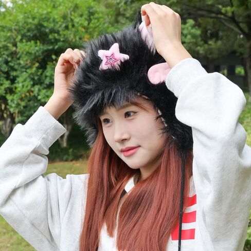 Y2K Goth Cat Ear Hat for Women Winter Cute Faux Fur Fox Cat Ear Hat Grunge Goth Accessories in Saudi Arabia