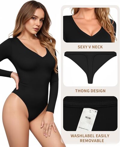 Womens Long Sleeve Body Suits V Neck Thong Bodysuit Shirts Sexy Fall Going Out Tops Y2K 2025 in Saudi Arabia