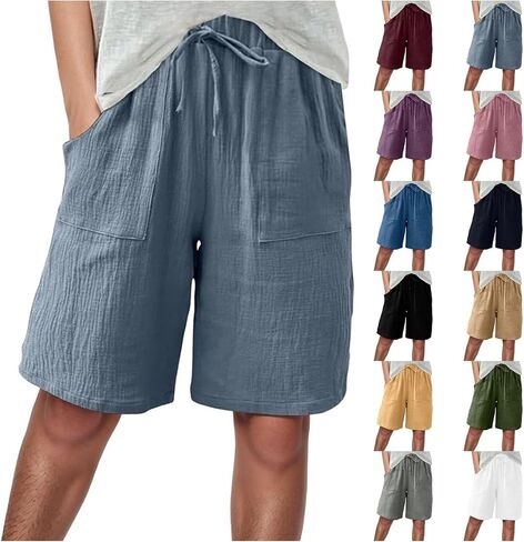 Aniywn Shorts Women Comfy Beach Fashion Shorts High Waisted Drawstring Pants Casual Summer Knee Length Short Pant Pockets in Saudi Arabia