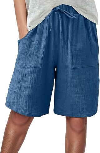 Aniywn Shorts Women Comfy Beach Fashion Shorts High Waisted Drawstring Pants Casual Summer Knee Length Short Pant Pockets in Saudi Arabia