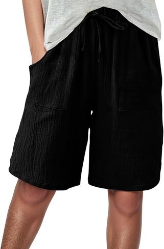 Aniywn Shorts Women Comfy Beach Fashion Shorts High Waisted Drawstring Pants Casual Summer Knee Length Short Pant Pockets in Saudi Arabia