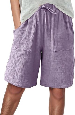 Aniywn Shorts Women Comfy Beach Fashion Shorts High Waisted Drawstring Pants Casual Summer Knee Length Short Pant Pockets in Saudi Arabia
