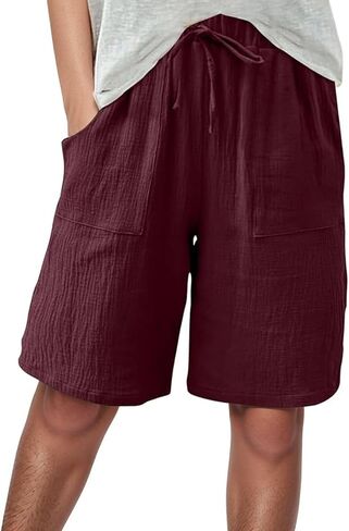 Aniywn Shorts Women Comfy Beach Fashion Shorts High Waisted Drawstring Pants Casual Summer Knee Length Short Pant Pockets in Saudi Arabia