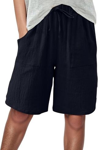 Aniywn Shorts Women Comfy Beach Fashion Shorts High Waisted Drawstring Pants Casual Summer Knee Length Short Pant Pockets in Saudi Arabia
