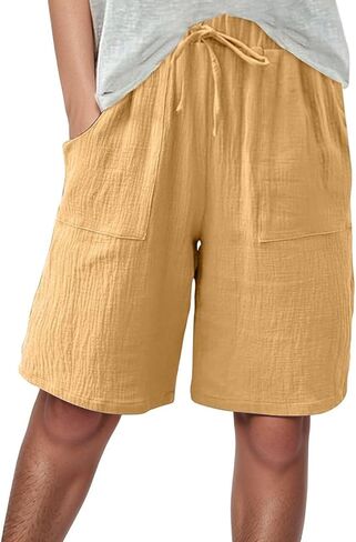 Aniywn Shorts Women Comfy Beach Fashion Shorts High Waisted Drawstring Pants Casual Summer Knee Length Short Pant Pockets in Saudi Arabia
