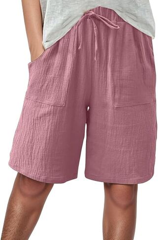 Aniywn Shorts Women Comfy Beach Fashion Shorts High Waisted Drawstring Pants Casual Summer Knee Length Short Pant Pockets in Saudi Arabia