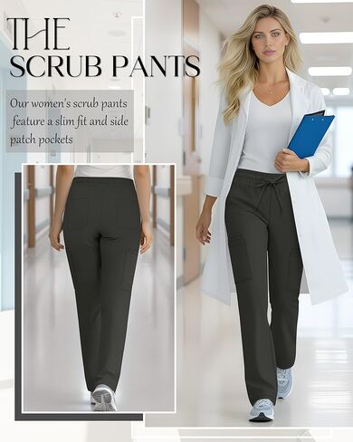 Women's Straight Leg Scrub Pants Stretchy Elastic Waist Nurse Pant with Drawstring and 6 Pockets Cargo Pants in Saudi Arabia
