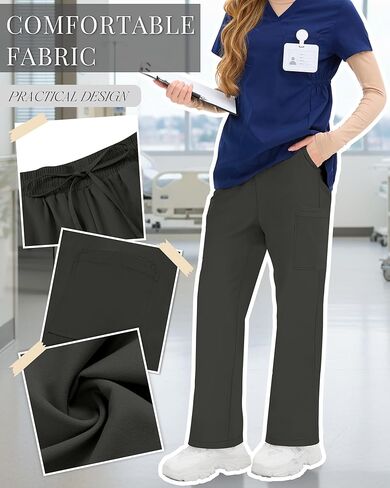 Women's Straight Leg Scrub Pants Stretchy Elastic Waist Nurse Pant with Drawstring and 6 Pockets Cargo Pants in Saudi Arabia
