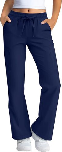 Women's Straight Leg Scrub Pants Stretchy Elastic Waist Nurse Pant with Drawstring and 6 Pockets Cargo Pants in Saudi Arabia
