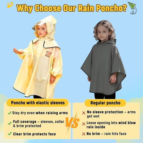 Rain Poncho for Kids & Toddlers(Ages 3-10) – Cape-Style Raincoat for School, Fits Over Backpack & Winter Clothes in Saudi Arabia
