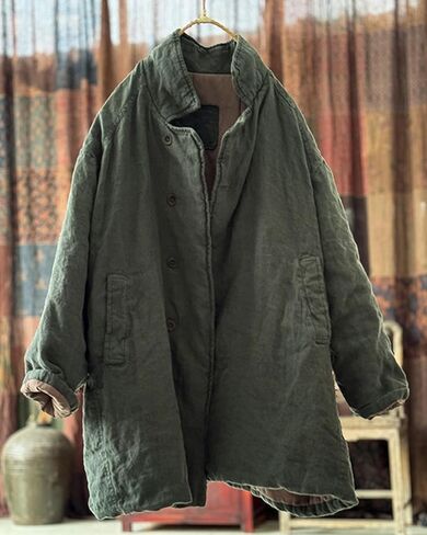 LZJN Women's Quilted Linen Lightweight Jacket Dustproof Coat Solid Color Casual Mid-Length Loose Work Outwear with Pockets in Saudi Arabia