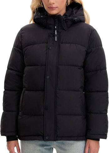 Women Mid Lenth Puffer Jacket, Warm Thicken Hooded Winter Coats, Windproof Long Sleeve & Hood,3 Pockets in Kuwait