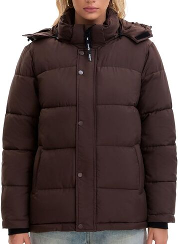 Women Mid Lenth Puffer Jacket, Warm Thicken Hooded Winter Coats, Windproof Long Sleeve & Hood,3 Pockets in Kuwait