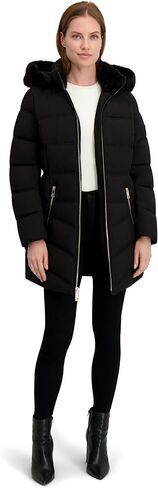 Laundry by Shelli Segal womens Stretch Quilted Puffer Jacket– Winter Coat, Zip-off Hood Turnback Faux Fur in Saudi Arabia
