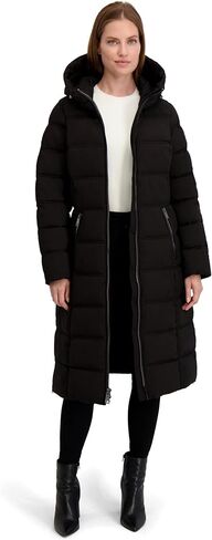 Laundry by Shelli Segal womens Stretch Maxi Puffer Jacket– Long Winter Coat, Pu Trim, Side Zippers, Attached Hood in Kuwait